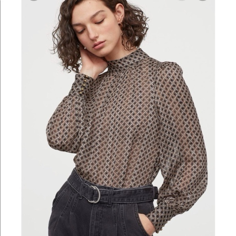 H&M Brown Patterned High-Neck Sheer Blouse